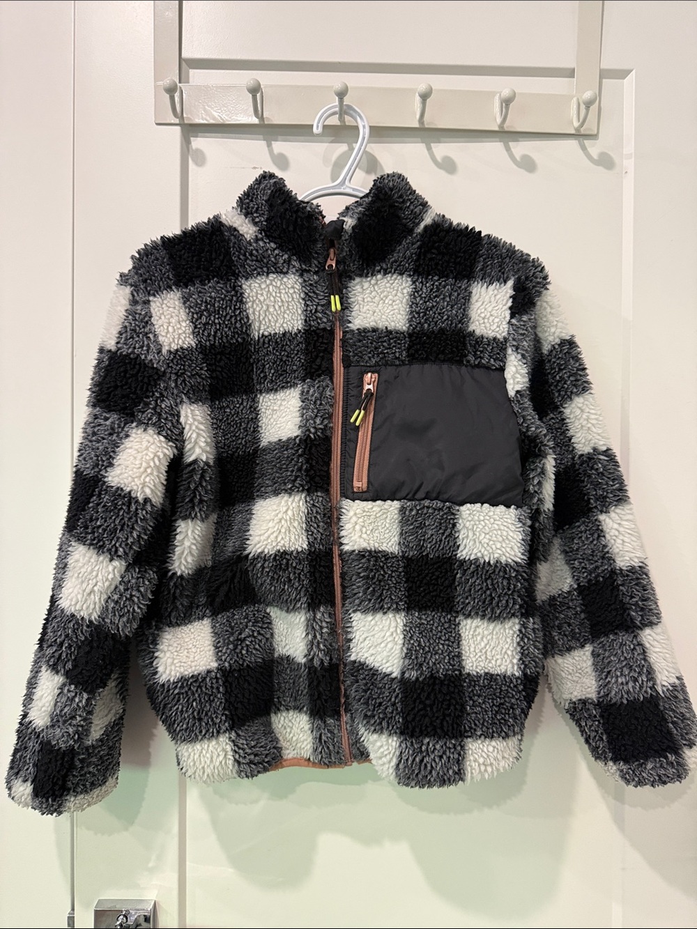 H&M Black & White Buffalo Check Sherpa Puffer Jacket